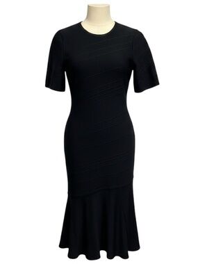 HERVE LEGER BLACK SHORT SLEEVED BANDAGE KNIT RUFFLED HEM MIDI THE ISABEL DRESS